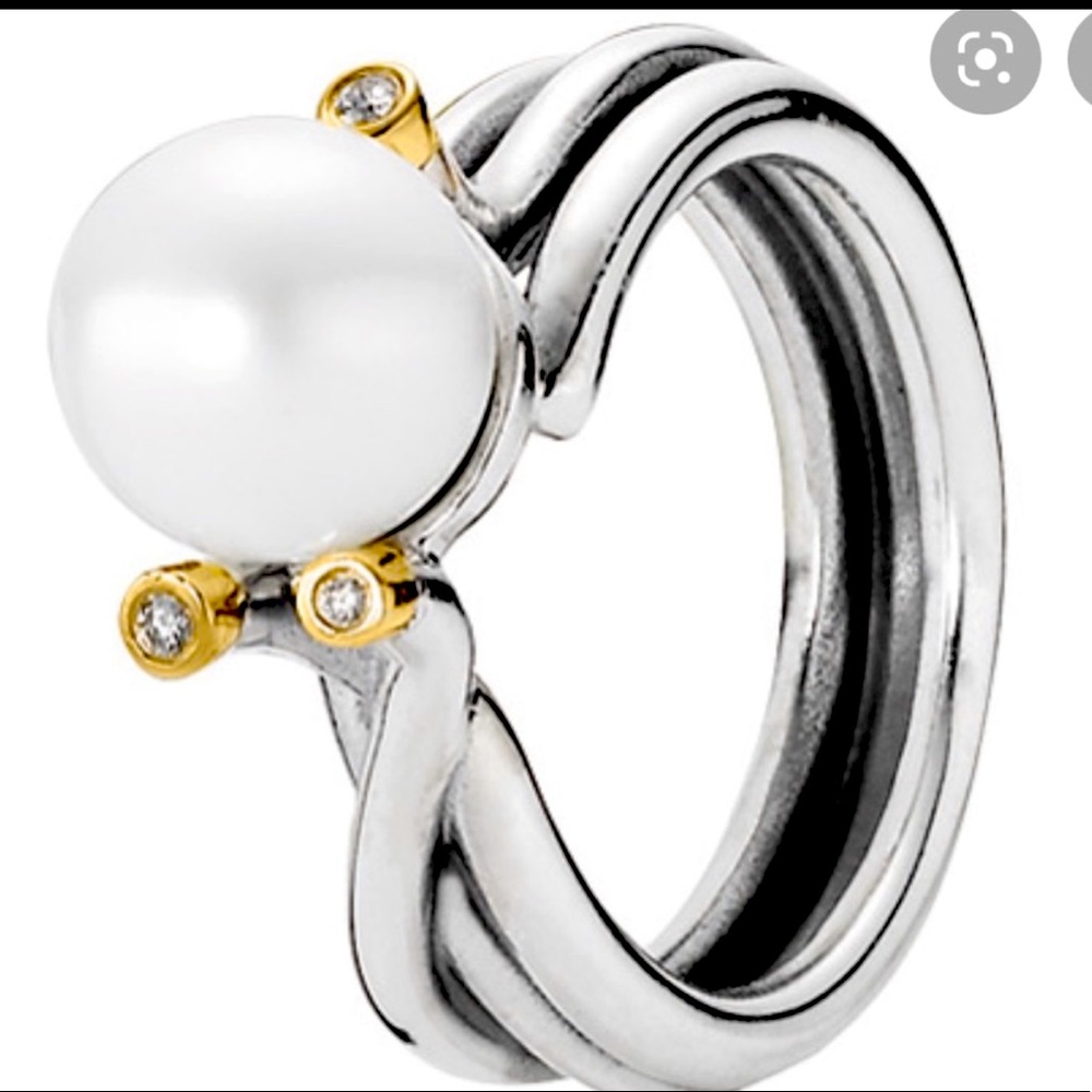 Pandora Woven Splendor Pearl & Diamond Sterling Silver Ring